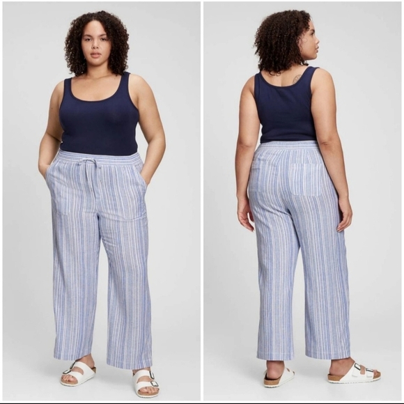 GAP High-Rise Linen Blend Pull-On Wide Leg Pants Women's Size L Blue Striped - Picture 1 of 11